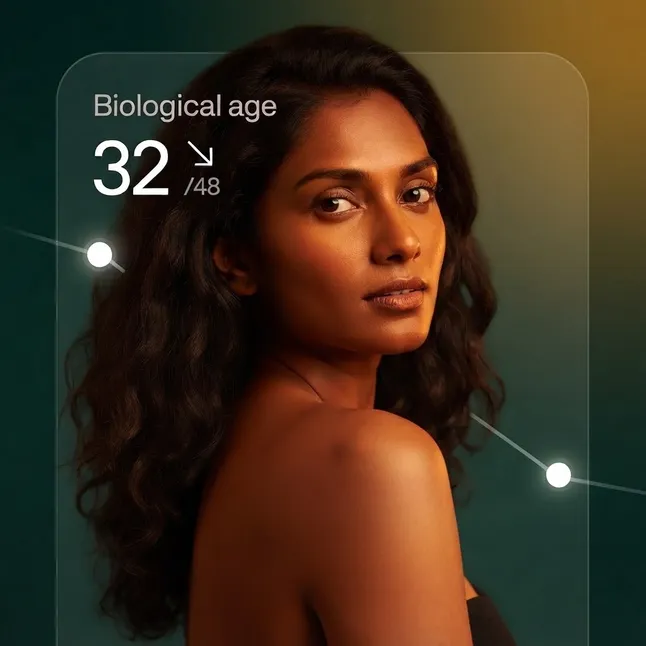 A patient card showing a biological age of 32 against a chronological age of 48