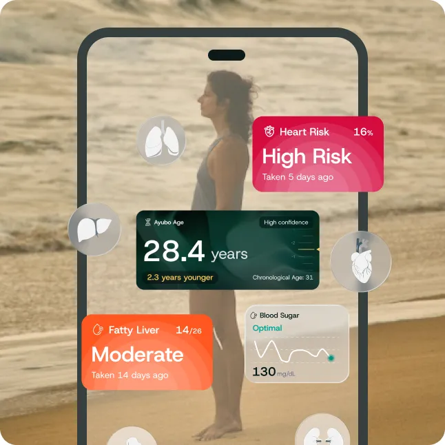 A phone showing risk cards for heart risk, fatty liver and blood sugar around a biological age of 28.4 years