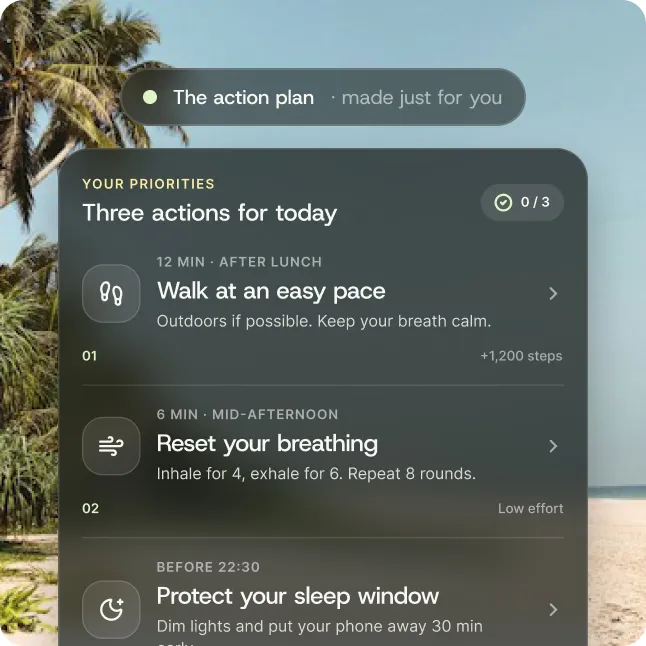 An action plan card listing three priorities for today: an easy walk, a breathing reset and protecting your sleep window