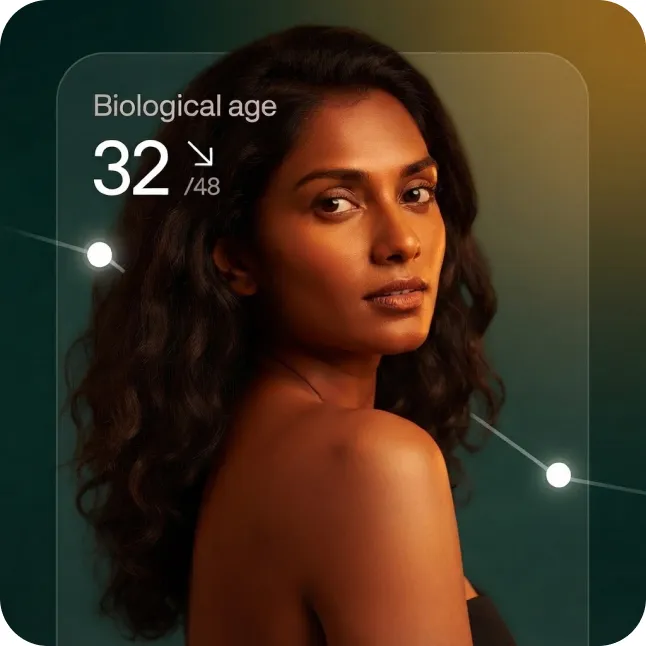 A patient card showing a biological age of 32 against a chronological age of 48