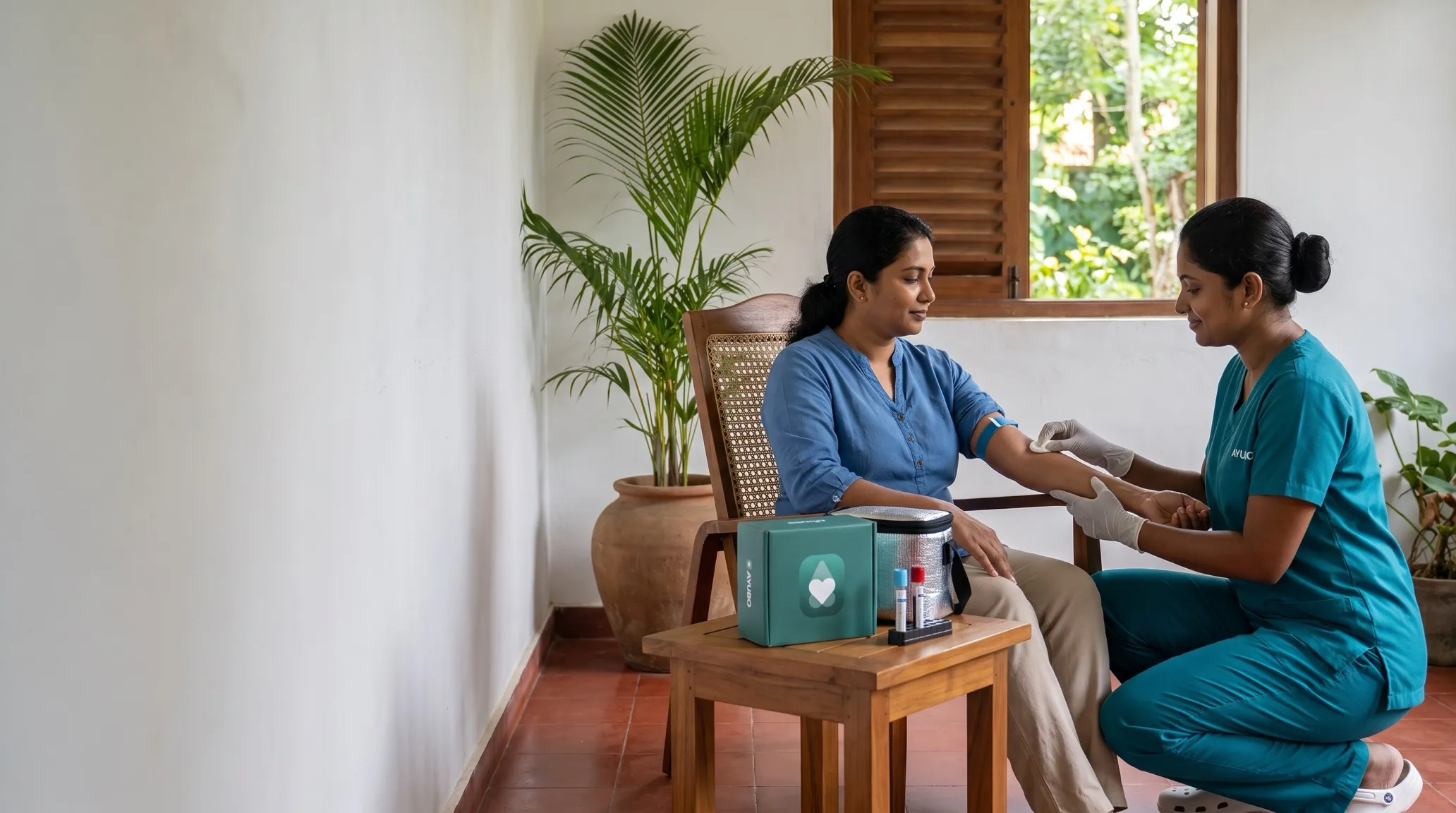 An Ayubo nurse drawing blood from a woman on her verandah, an Ayubo sample kit on the side table