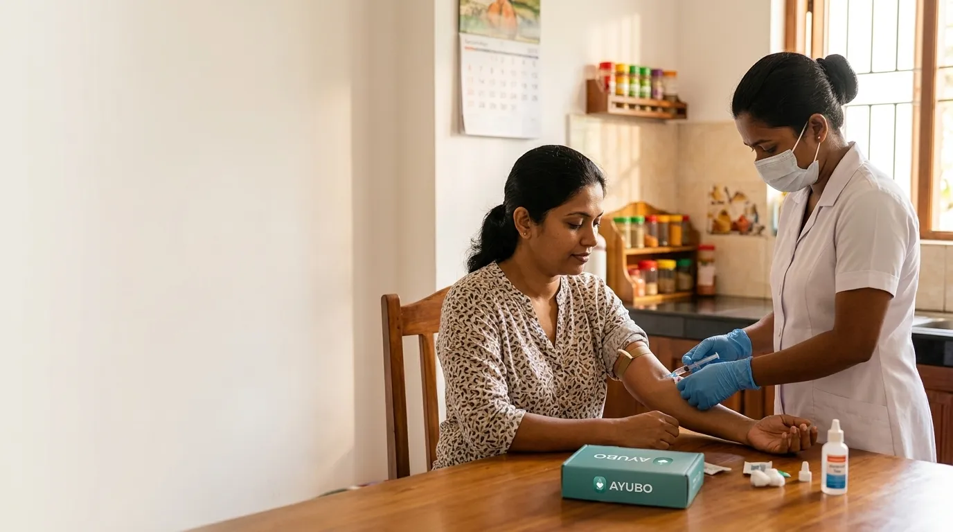 A nurse drawing blood from a woman at her kitchen table, an Ayubo sample kit on the table