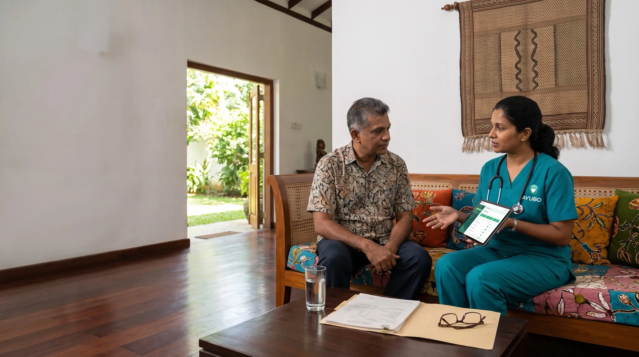 An Ayubo doctor on a sofa showing a man his results on a tablet