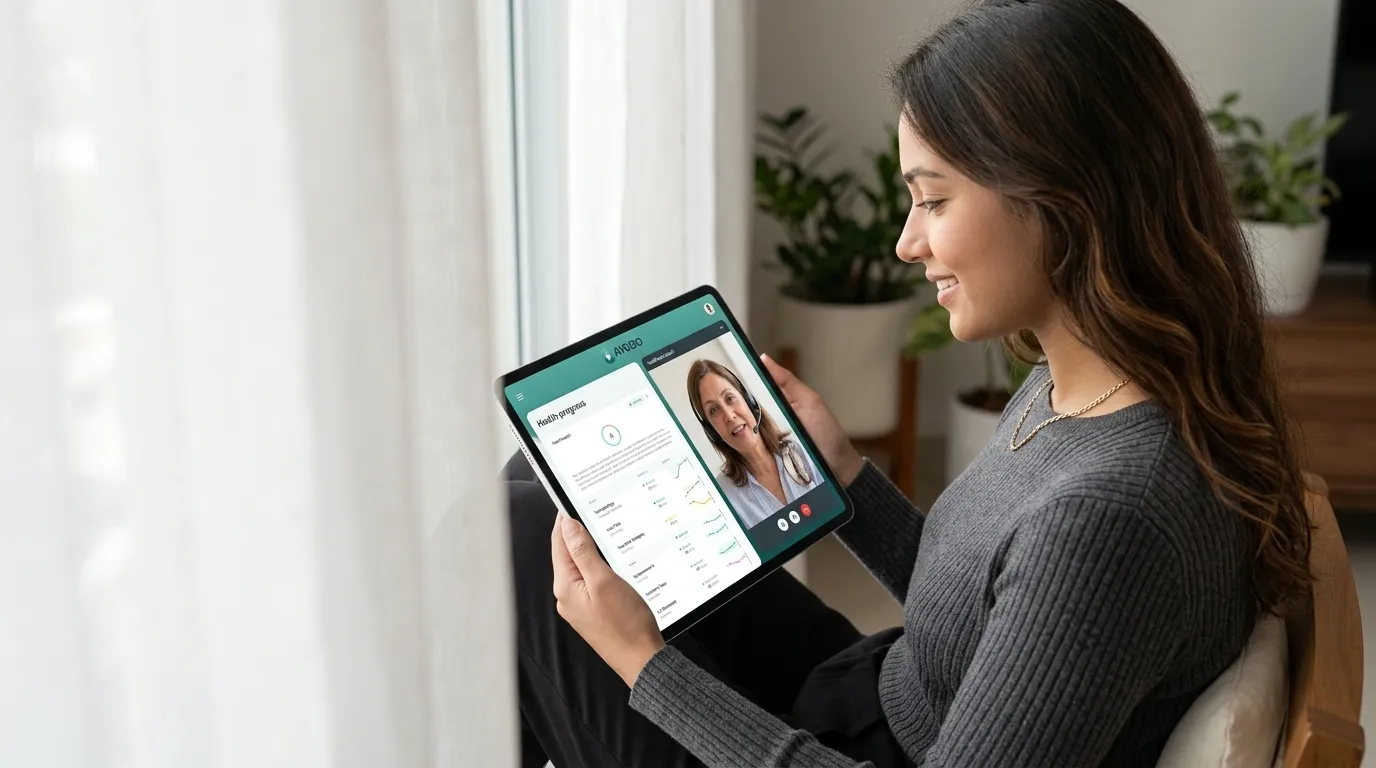 A woman by a window on a video call with her health coach on a tablet